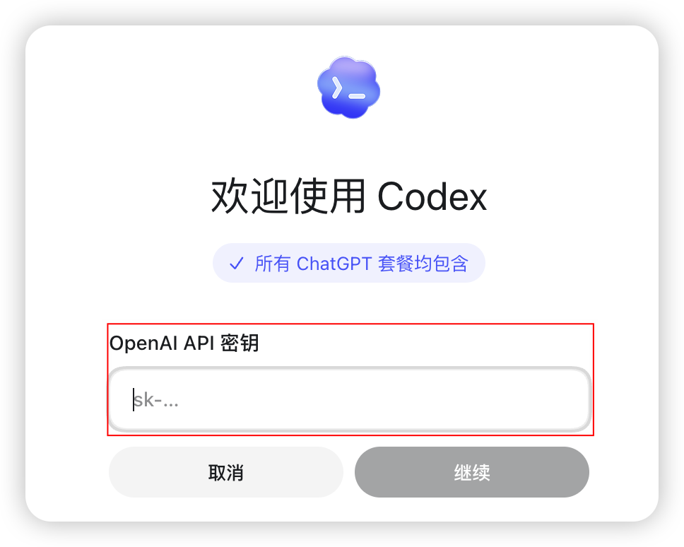 Codex 桌面应用 API Key 输入页面