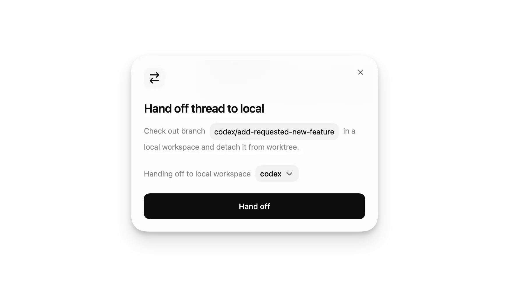 把聊天从工作树移动到 Local 的 Handoff 对话框（浅色模式）
